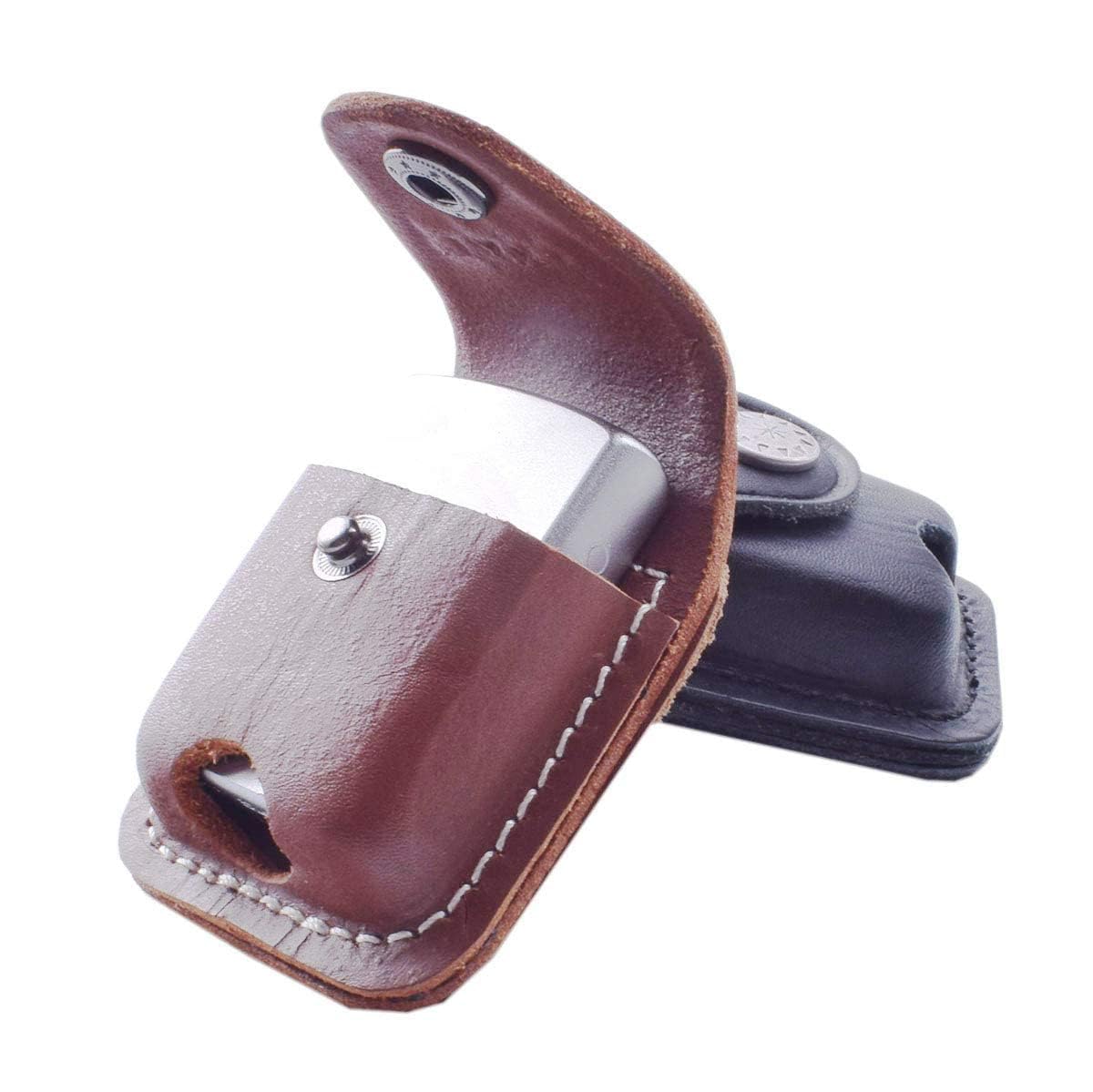 Handmade Fliptop Leather Lighter Pouch Case Holder with Pocket Belt Loop (Brown+Black)