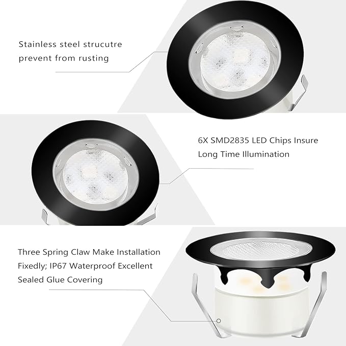 Led Deck Lights Outdoor Waterproof Low Voltage Stainless Steel 1W Outdoor Yard Garden Decoration Lamps Landscape Pathway Patio Step Stairs LED In-ground Lights Black Border(10pcs,Warm White)