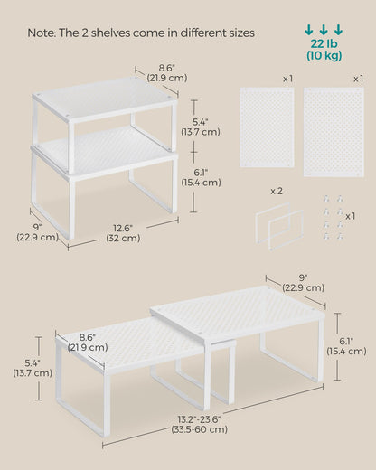 SONGMICS Spice Racks, Set of 2 Metal Cabinet Shelf Organizers, Countertop Organizers, Shelf Risers, Stackable, Expandable, Silver UKCS01SV