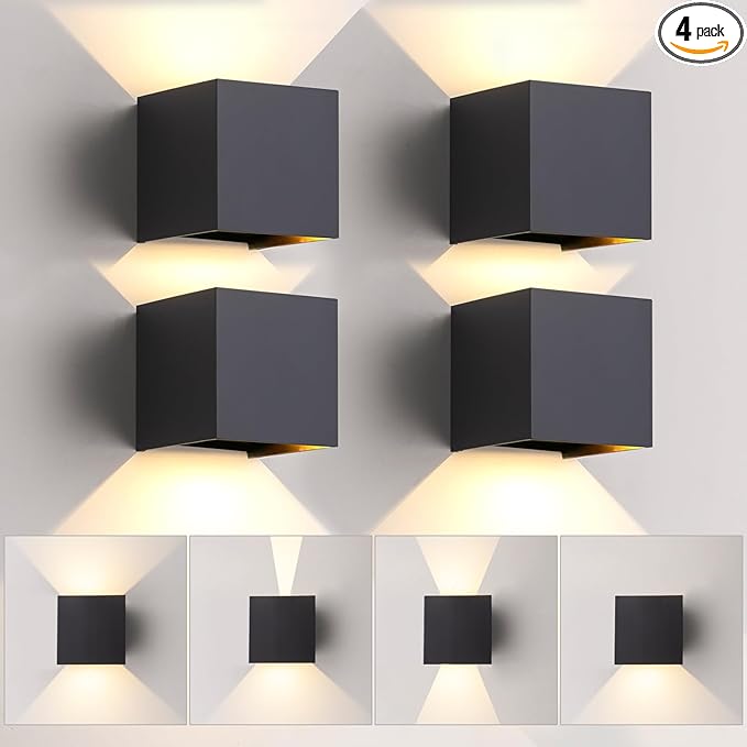 4 Pack Outdoor Wall Sconces Exterior/Interior LED Wall Lights, 4.72"Square Modern Wall Sconce Fixture Set, Up and Down Lights IP65 Outdoor Waterproof Lights, 20W Warm Light 3000K Indoor Sconce.