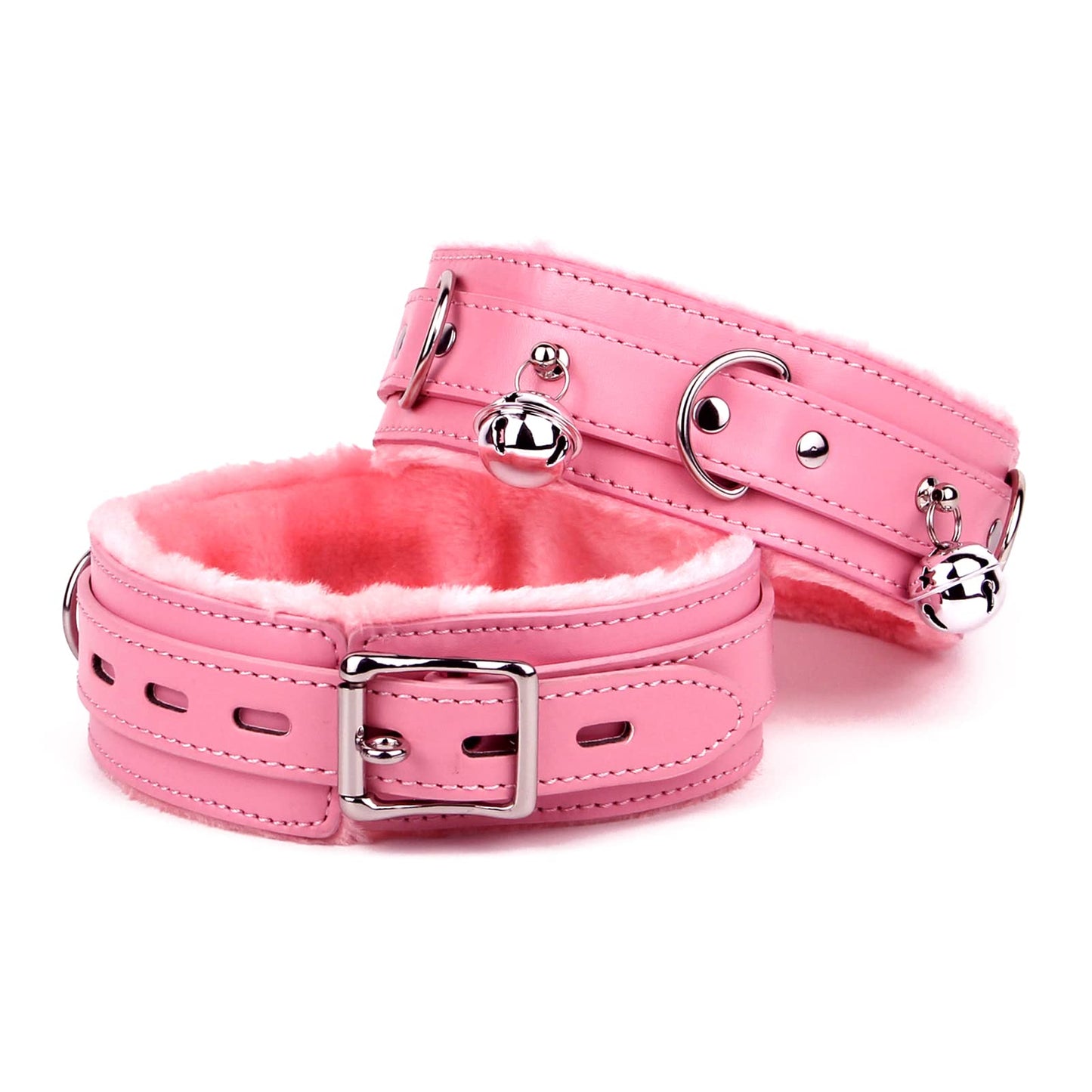 Kiheony leather choker Necklace for women with bell or lock Adjustable Collar size Medium Bell Pink