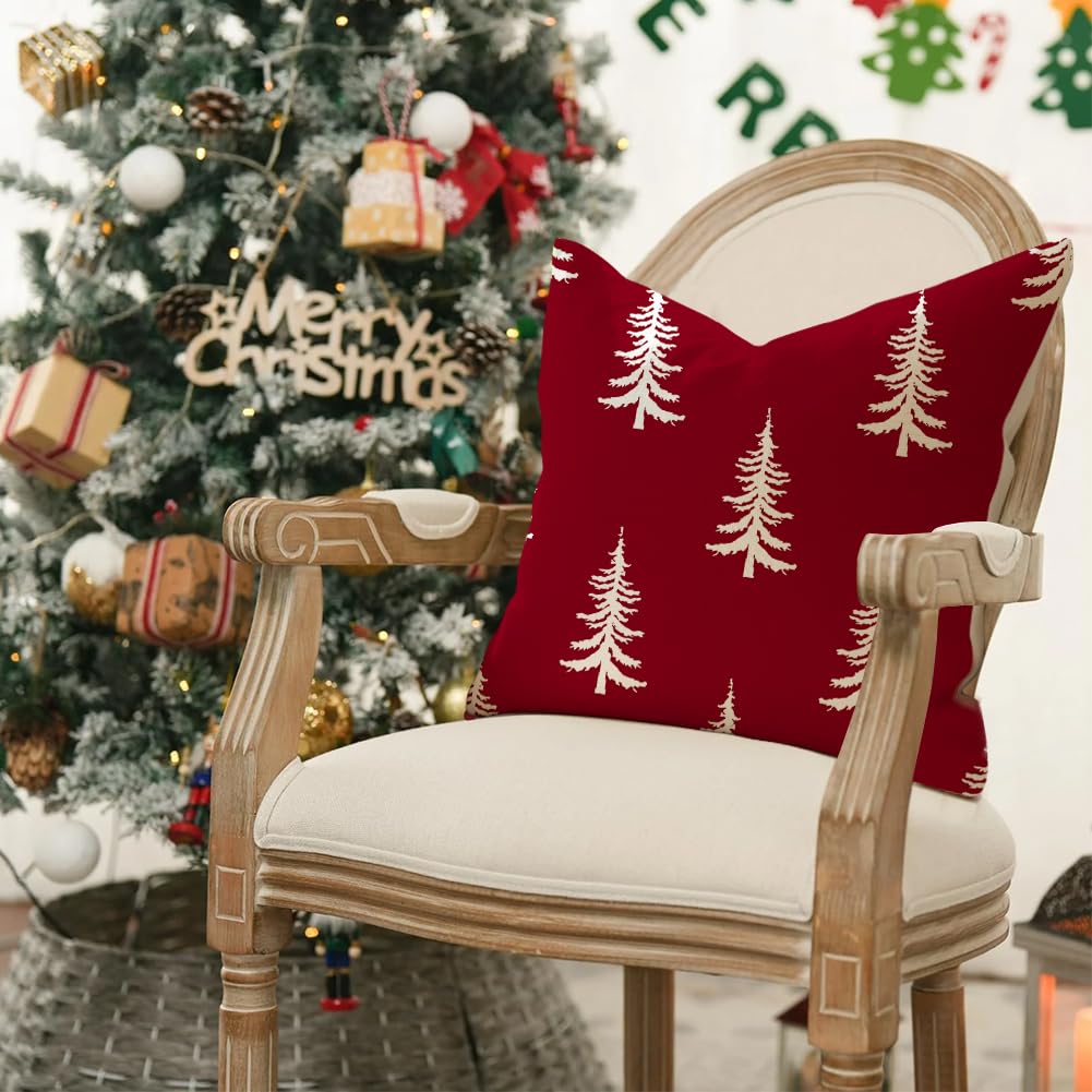 RABUSOFA Christmas Pillow Covers 18x18 inch Set of 2 Indoor Outdoor Waterproof Red Christmas Decor Tree Decorative Throw Cushion Cases Winter Xmas Holiday Decoration for Couch Patio