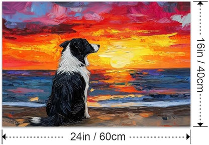 Yesad Dog Wall Art, Border Collie Painting Sunset Beach Canvas Print Impressionist Artwork Colorful Poster Pictures Gift for Dog Lover Wall Décor for Living Room Bedroom (Unframed,24”x16”, Dog1)