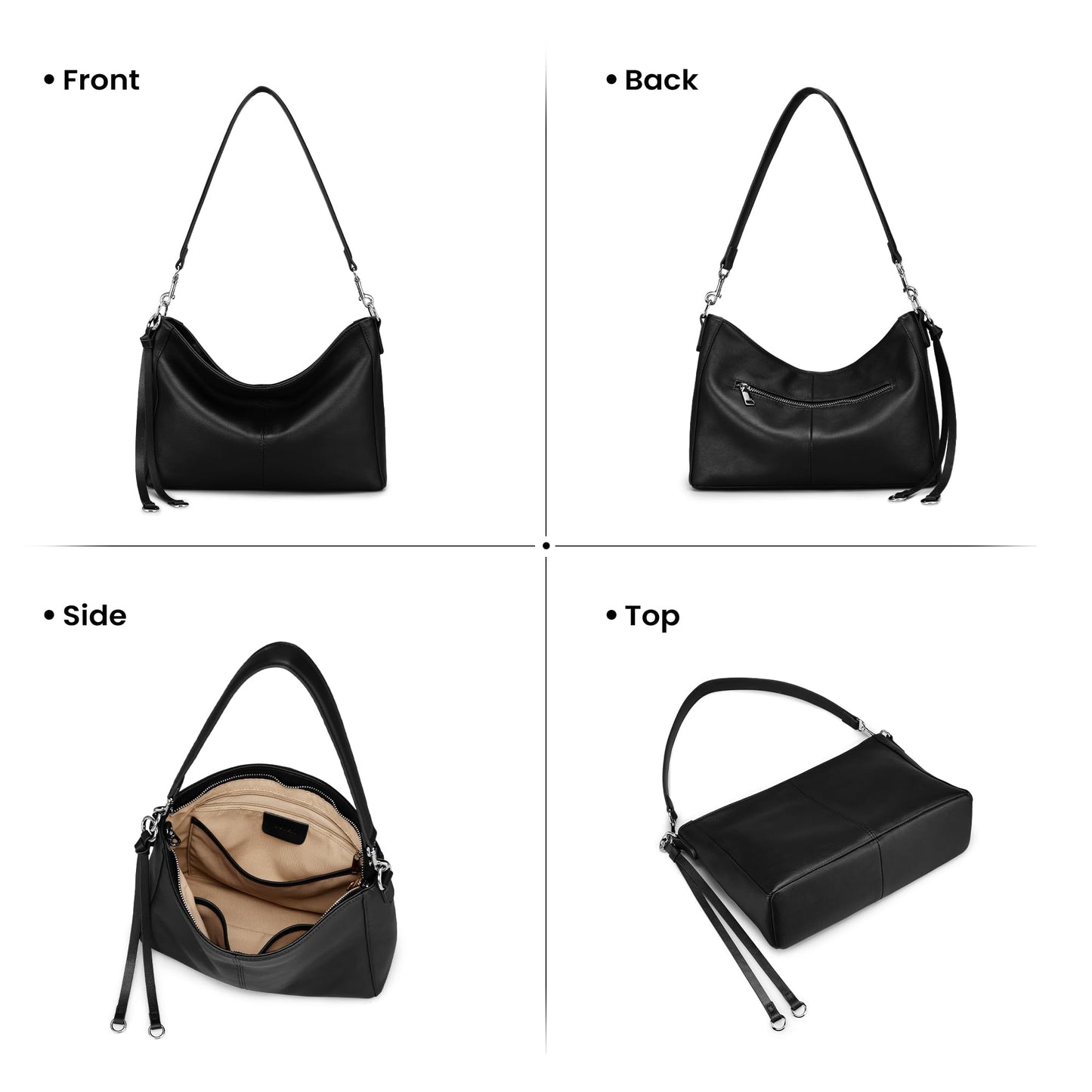 befen Genuine Leather Hobo Bag for Women, Lightweight Crossbody Shoulder Purse with Anti-Theft Clip, Soft Leather Shoulder Handbags with 3 Zippers Pockets for Travel with Adjustable Strap, Black