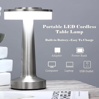 Riakrum Set of 2 LED Portable Cordless Table Lamp with Touch Sensor 3 Color Stepless Dimming Rechargeable Battery up to 15 Hours Cordless Table Light Wireless Lamp for Nursery(Silver,4 Pcs)