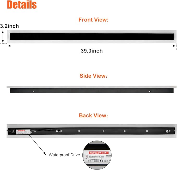 TooCust 1 Pack 40in Long Outdoor Led Wall Light, IP65 Waterproof, 50W Warm Light 3000K, Narrow Strip Light, Modern Long Wall Sconce for Garage, Wired Installation