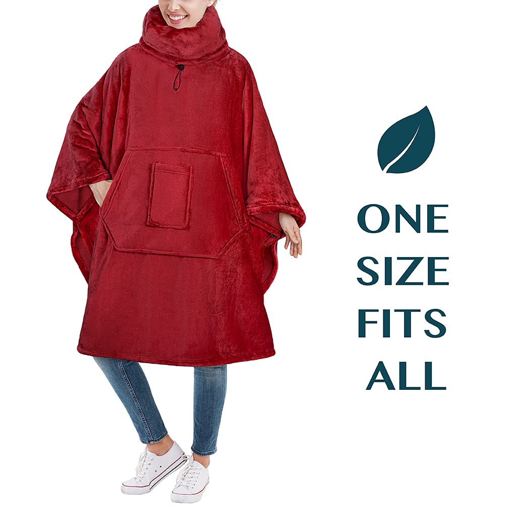 PAVILIA Sherpa Wearable Blanket Poncho Women Men, Oversized Hoodie Sweatshirt Poncho Blanket, Hooded Sweater Wrap Cape Neck Warmer, Fleece Soft Hug Sleep Pod Adult, Cozy Warm Gift Ideas Sister, Red