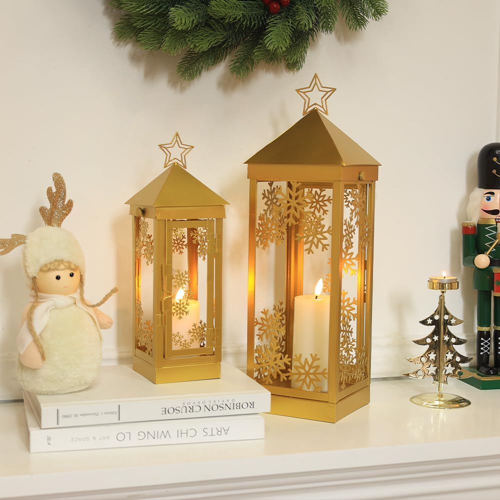 NEEDOMO Christmas Decorations Outdoor&Indoor, 17''/12'' Metal Candle Lantern Decor,Christmas Lanterns with Snowflakes Stars and LED Candle for Home Porch Patio Table Centerpieces, Xmas,No Glass