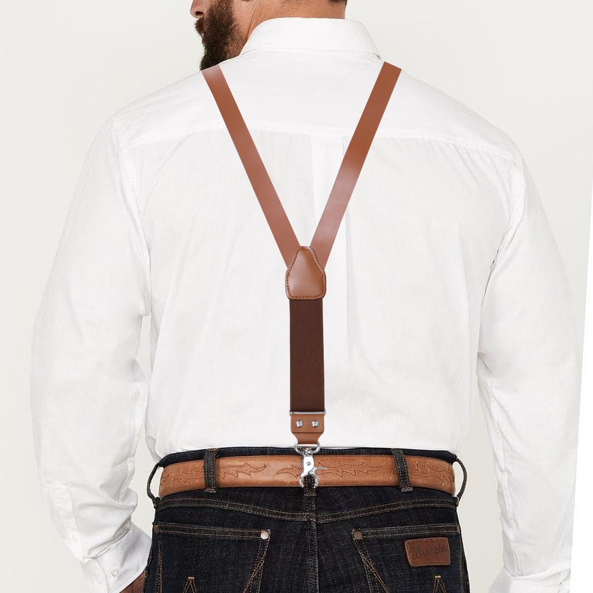 CONLIKE Leather Suspenders for Men Heavy Duty Mens Suspenders for Jeans Dress Pants Groomsmen Gift Wedding Y Back Design Adjustable with Metal Hooks, Brown