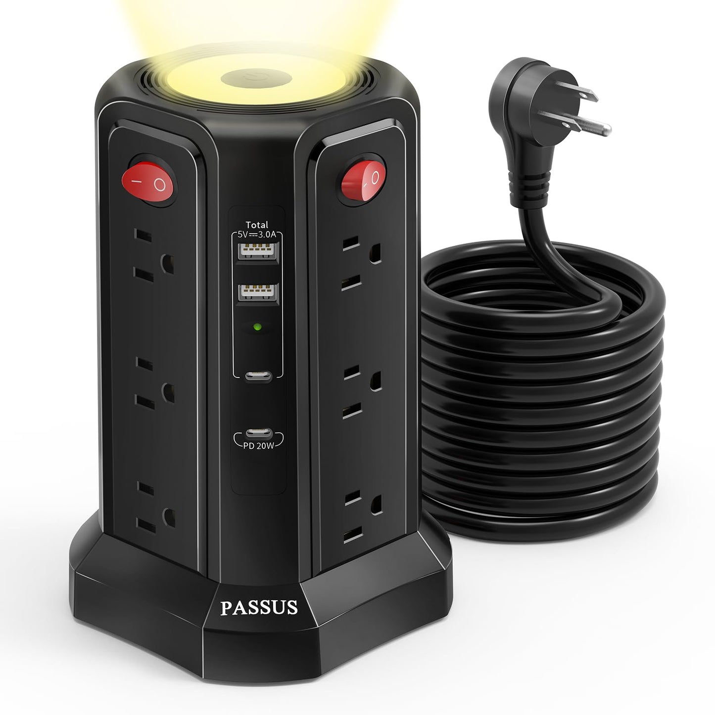 Long Surge Protector Power Strip 16 FT Cord, PD20W USB C Power Strip Tower with Night Light, Extension Cord with Multiple Outlets with 4 USB Ports, PASSUS Charging Station Home Office Essentials Black