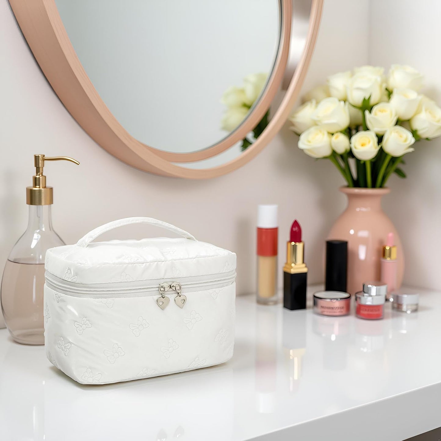 Alamealle Large Cosmetic Bags Travel Makeup Bag with Mesh Pocket Portable Cute Toiletry Bag Aesthetic Make Up Organizer with Handle for Women Girls (White)
