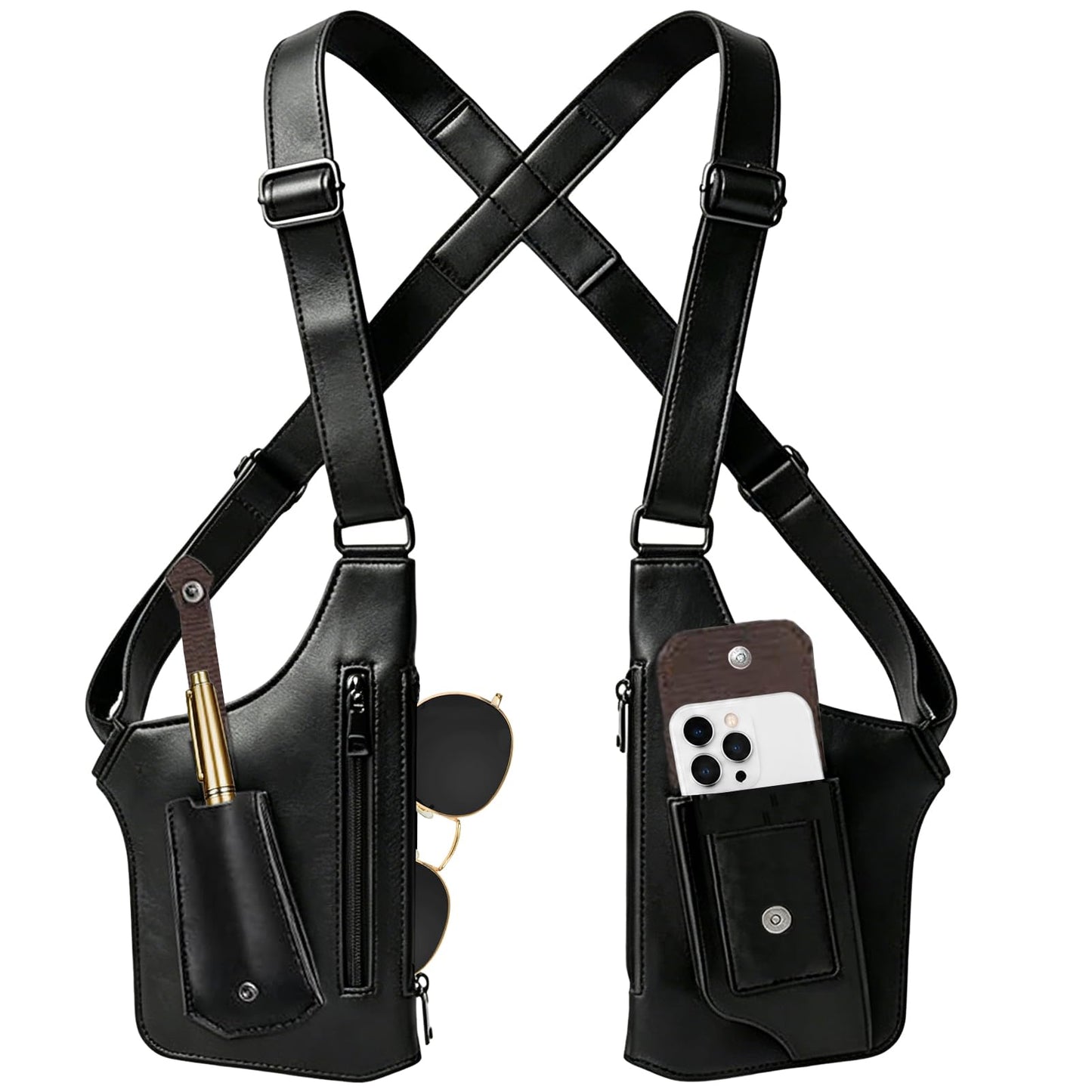 Adjustable Underarm Strap,Premium Leather Shoulder Bag for Men, Double Shoulder Bag Fashion Underarm Holster Wallet Adjustable PU Leather Waterproof Anti-Theft Harness for Men Father Gifts (Black)