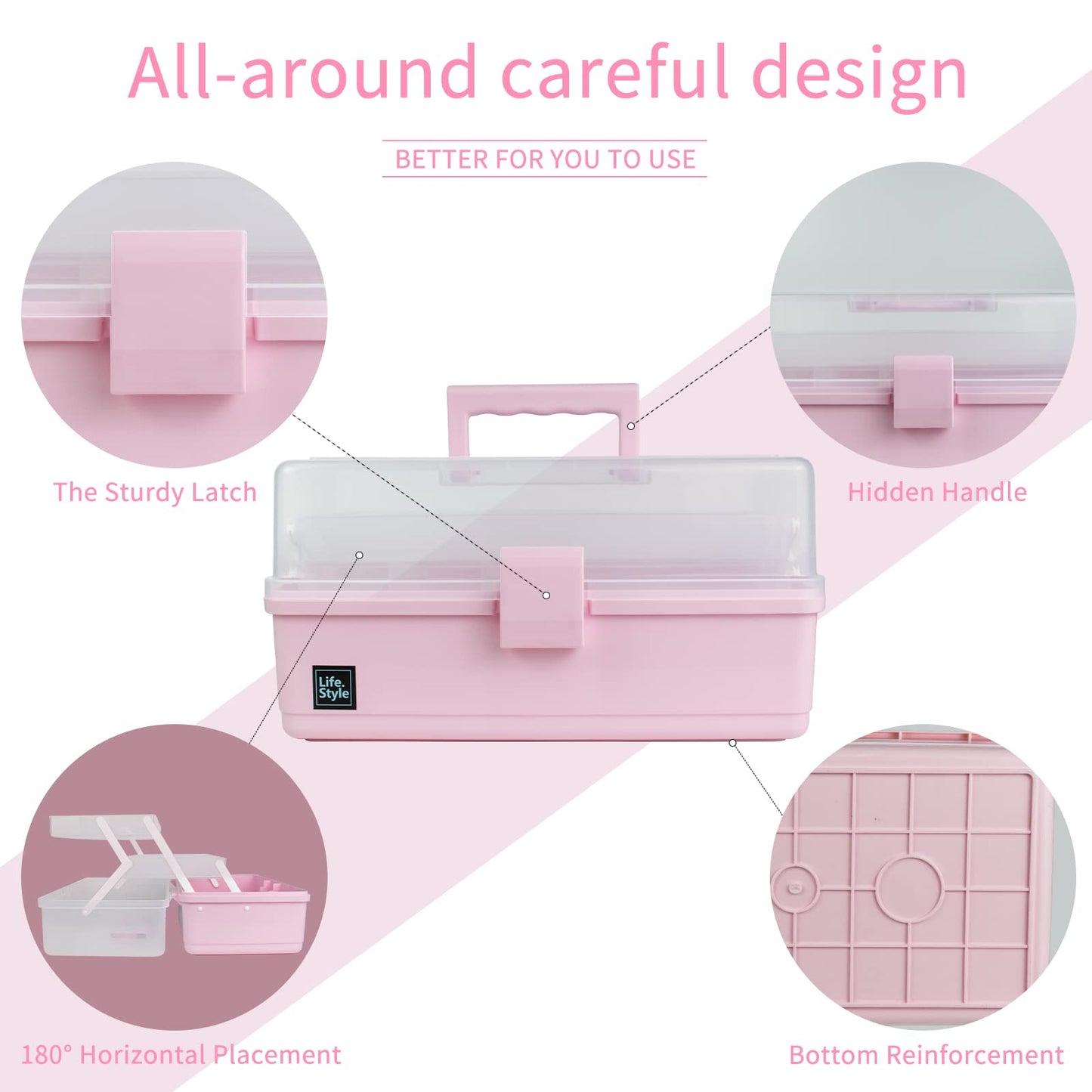 Creahaus 13 inch Art Craft Organizer Storage Box with 3 Layer, Multipurpose Plastic Tool Box with Handle for Sewing, Art Supply, Medicine, Nail, Hair Accessories (Pink)