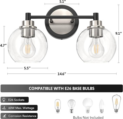 VONLUCE Bathroom Light Fixtures, 2-Light Vanity Light with Globe Glass Shades E26 Sockets, Bathroom Lights Over Mirror for Bedroom Hallway Living Room, Black & Nickel Finish