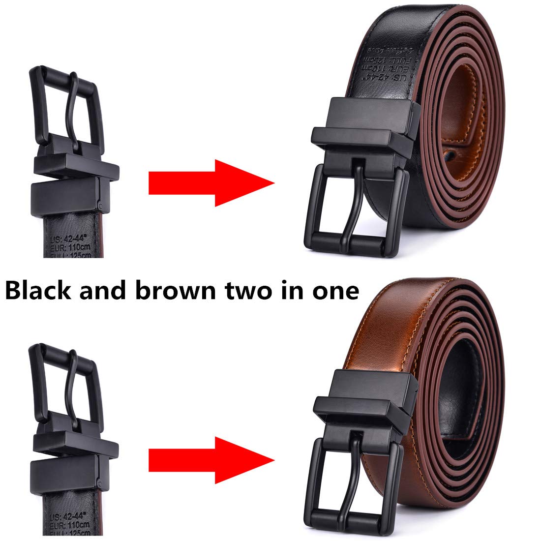 Beltox Men’s Belts Dress Casual Reversible Leather 1.1” w Roller Buckle Rotated(Black/Brown w Black Buckle, 28-30)