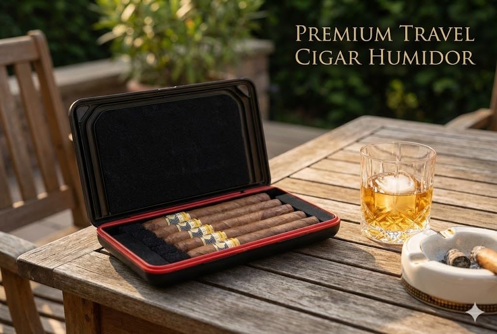 Portable Cigar Humidor Case, Magnetic Closure, Airtight Two-Way Humidity Control (69% RH) Ultra-Light Travel Cigar Box, Crushproof and Waterproof, Replaceable Humidifier Disc, Holds up to 5 Cigars