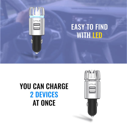UTILE Car Ionizer Purifier with Dual USB Charger – Ionic Air Freshener for Odor Removal | 2.1A/0.8W USB Charging for Phone, Tablet and Other Devices (Silver, Pack of 1)