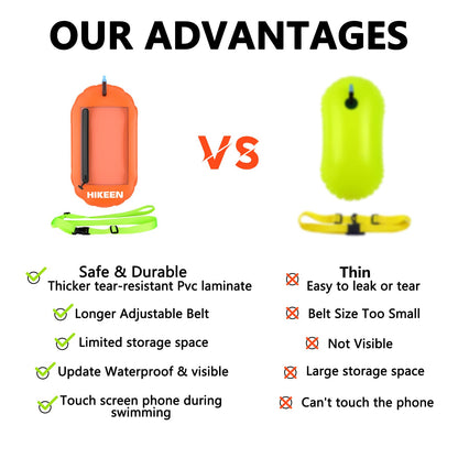 Hikeen Swim Buoy -Waterproof Touchscreen Storage Space, Swim Safety Float w/Adjustable Waist Belt for Open Water Swimmers and Triathletes -Be Bright,Be Safer & Be Seen