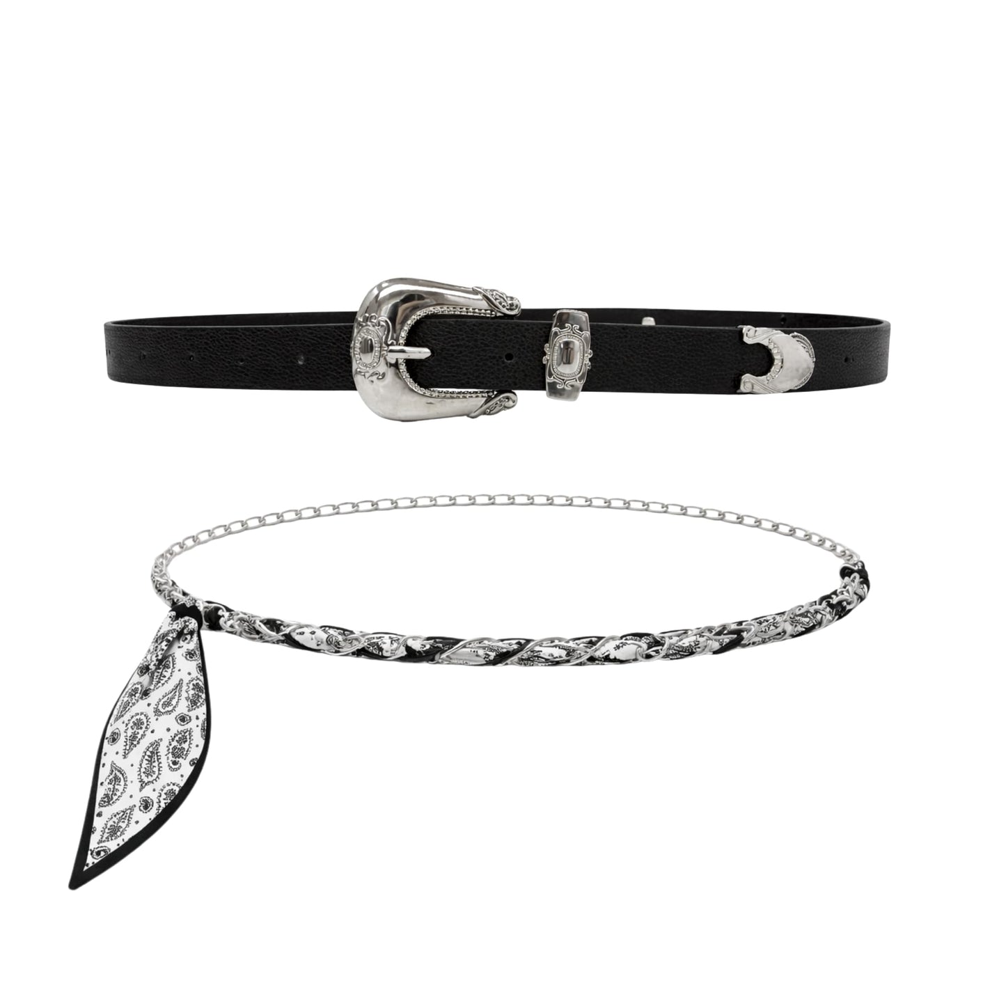 Women’s 2-Pack Belts – Faux Leather Skinny Jean Belt and Scarf Chain Belt – Stylish Waist Accessories for Everyday Wear (Black with B/W Scarf Belt, L/XL)