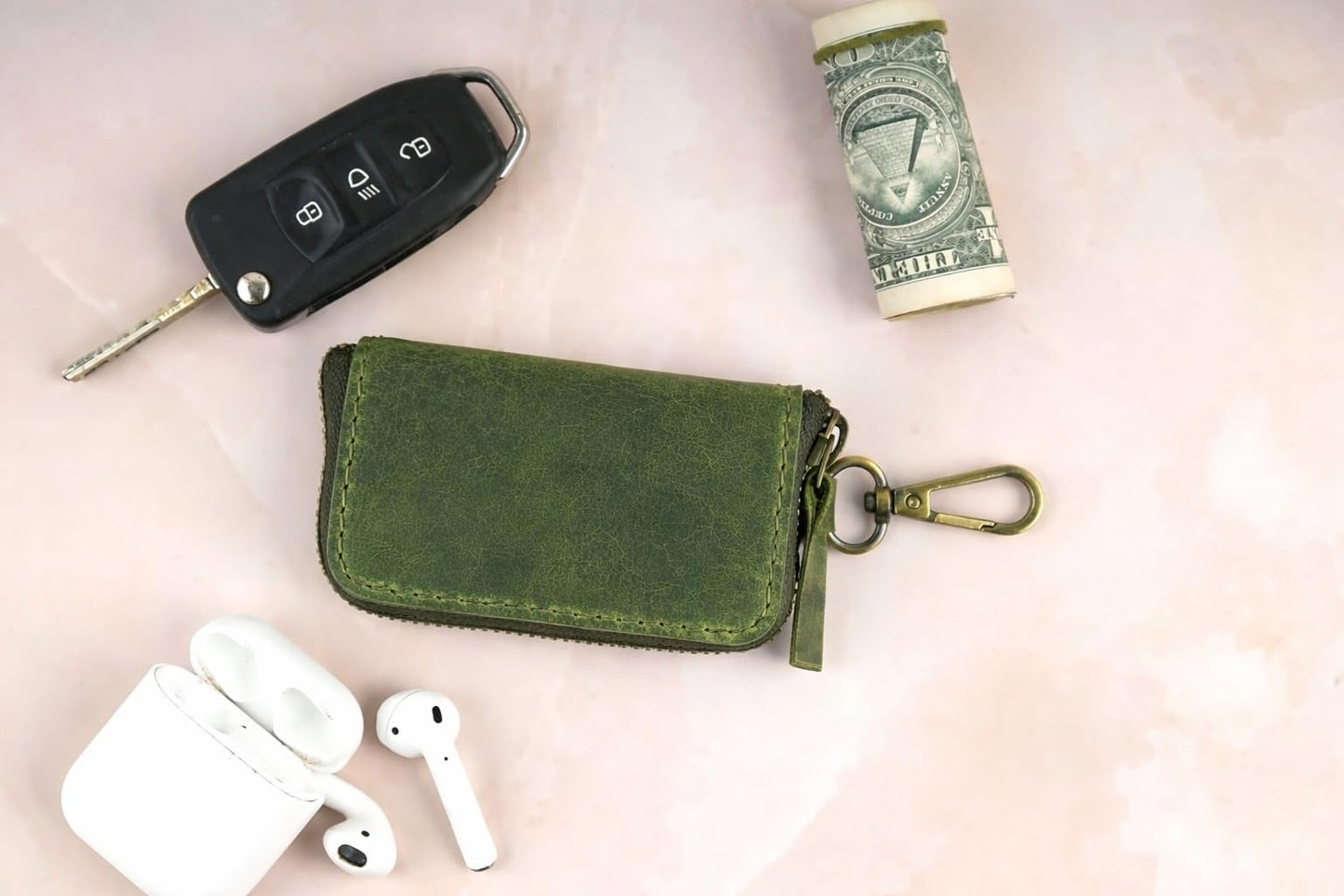 Handmade Full Grain Leather Car Key Holder & Zippered Coin Purse | Belt Loop Key Chain, Compact Earphone Holder Multi-Functional Money Purse Elegant Leather Accessory Versatile Key Organizer (Green)