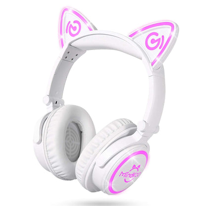 Headphones for Back to School, Kids Cat Ear Headphones, Led Lights Up, Foldable Bluetooth Wireless Headphones with Microphone for iPad Tablet