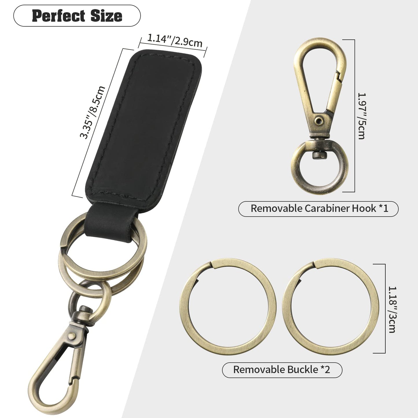 Jack&Chris Genuine Leather Car Keychain, Universal Key Fob Keychain, Leather Key Chain Holder for Men and Women, 2 Keyrings and Carabiner Clip, JC306-Black