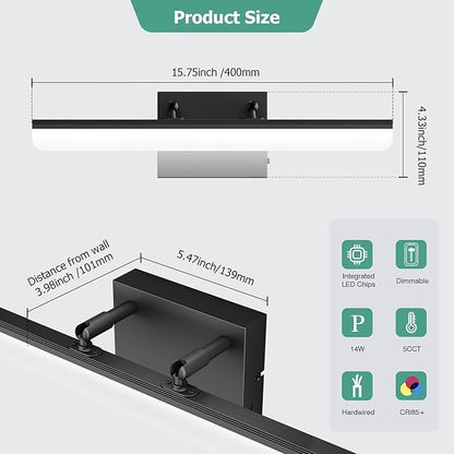 15.7" Black LED Bathroom Vanity Light 5CCT–Dimmable Wall Mount Fixture with Adjustable Angle, Modern Lighting for Powder Room, Vanity Mirror Home & Apartment Use