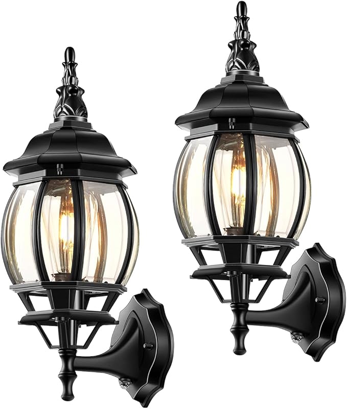 VIANIS Outdoor Garage Lights Wall Mount, Dusk to Dawn LED Outdoor Lighting Wall Lanterns for Porch, Black Exterior Light Fixture, Waterproof Outdoor Sconce Lights, Outside Light for House 2 Packs