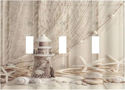 Nautical Coastal 3 Gang Light Switch Covers Seashell Fishing Net Ocean Lighthouse Starfish Triple Toggle Wall Plate Decorative Switchplate Electrical Faceplate Beach Theme Decor