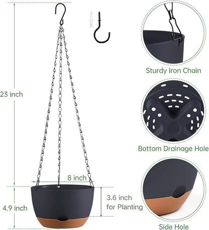 Set of 2 8 Inch Self Watering Hanging Planters for Indoor Outdoor Plants, Color Blocking Hanging Baskets Flower Pots with Drainage Hole & Removable Water-Storage Tray and 20" Chain Hanger