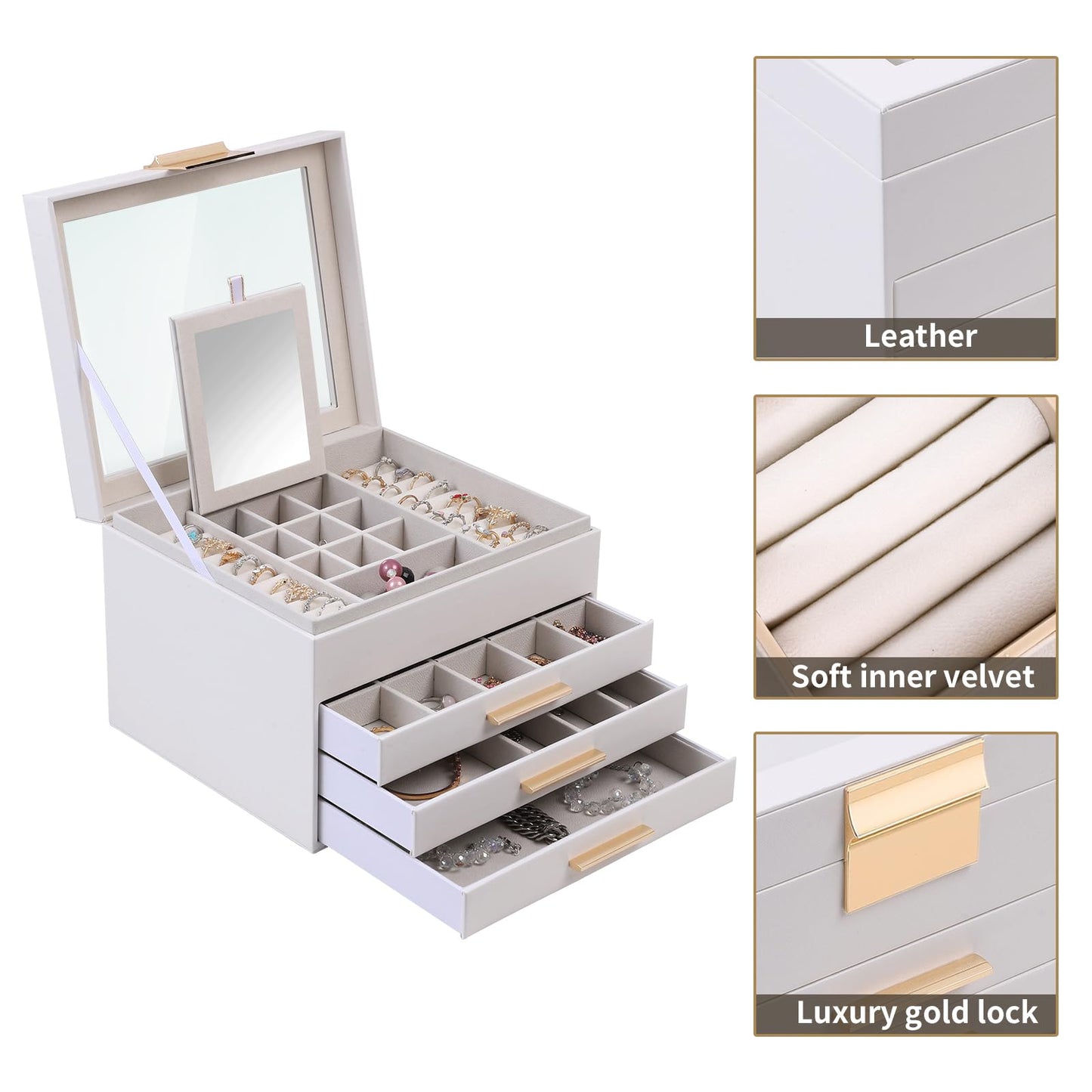 BOOVO Clear Lid Jewelry Box,3 Layers Jewelry Organizer Large Jewelry Storage Box with 2 Drawers,Jewelry Holder Organzier of Rings Earrings Necklace Bracelets for Women (White, 4 Layer)