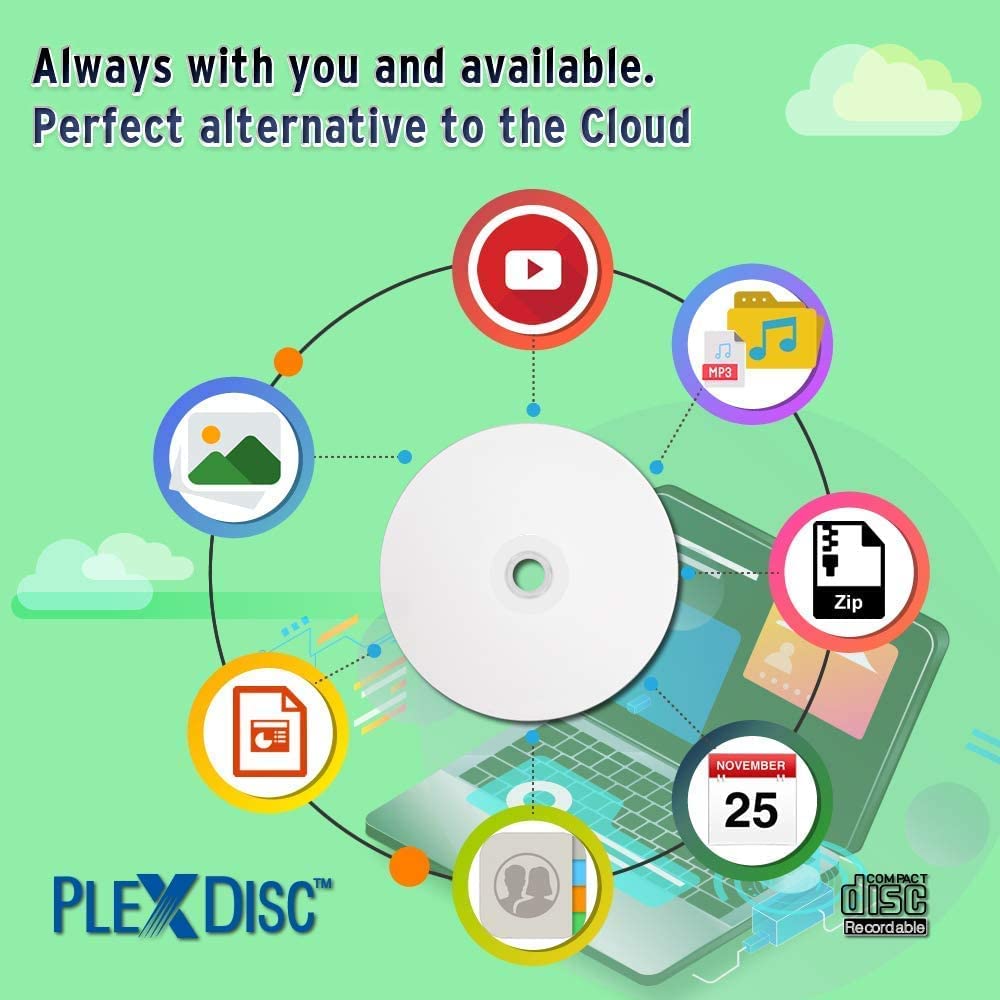 PlexDisc CD-R 700MB 52X White Inkjet Hub Printable Discs | 100 Pack Cake Box (FFP) | Blank CDs for Burning Music, Photos, Data | Writable Recordable Media