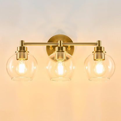 VONLUCE Bathroom Light Fixtures, 3-Light Bathroom Vanity Light with Globe Glass Shades E26 Sockets, Vanity Lights Over Mirror for Bedroom Hallway Living Room, Gold Finish