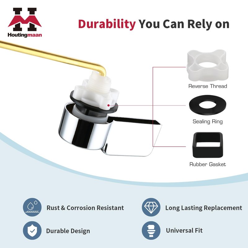 Houtingmaan Toilet Handle Replacement Kit,Toilet Handle Lever for Most Front Mount Toilets, Universal Brass Toliet Flush Handle Lever with Stainless Steel Flapper Chain,Chrome