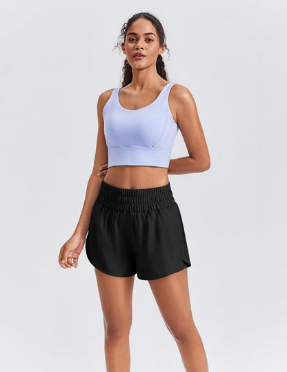 PINSPARK Women 2 in 1 Running Athletic Shorts High Split Dolphin 3 Inch Gym Shorts Quick-Dry Workout Active Sports Shorts with Liner and Pockets, Black Large