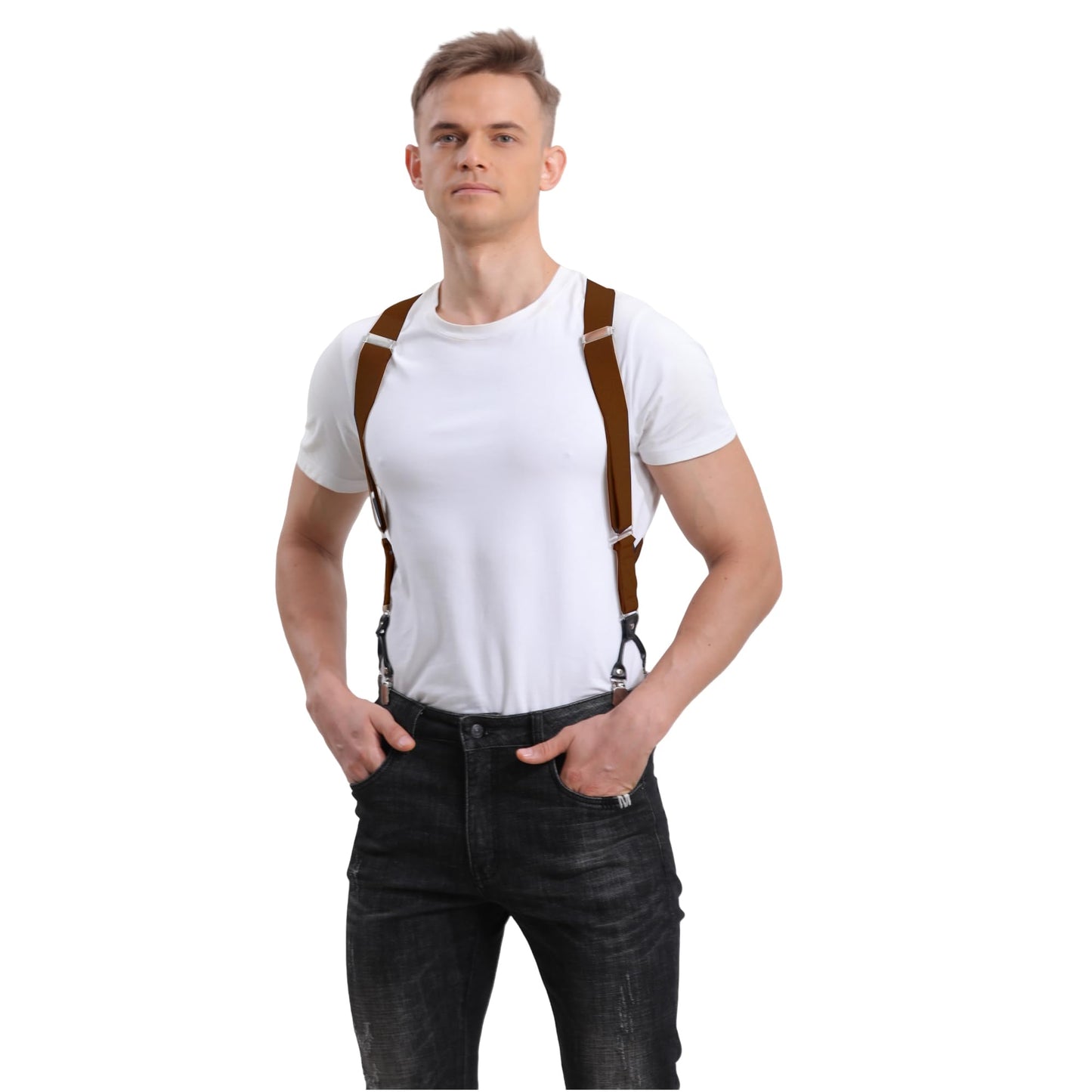 LazarsSpace Side Suspenders for Men Each Side Two Clips Secure Better BROWN