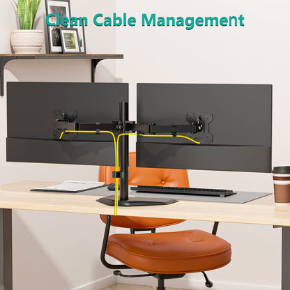 WALI Dual Monitor Stand for Desk, Monitor Stands for 2 Monitors up to 27 inch, Dual Monitors Mount Fits up to 22lbs, Free Standing Full Motion Dual Monitors Arm for Desk (MF002), Black