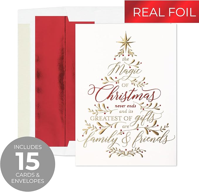 Masterpiece Believe In The Magic Of Christmas Cards / 15 Boxed Holiday Card Set With Shiny Foil Accents And Coordinating Red Foil Lined Envelopes / 5 5/8" x 7 7/8" Folded Winter Christmas Tree Family