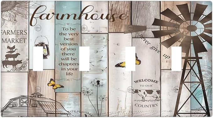 Rustic Western Farmhouse Windmill 4 Gang Decorative light switch plate Cover Vintage Barn Wooden Plank Inspirational Quote Quad Toggle Wall Plate Covers Switchplate Electrical Faceplate