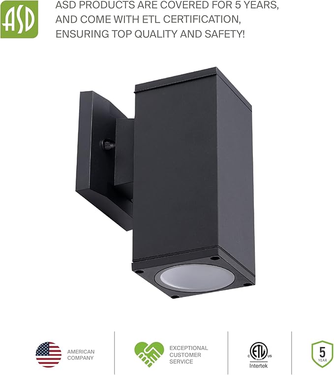 ASD 1 Light Square Outdoor Wall Light Fixture | 60W E26 Socket 120V ETL Cylinder Up Down Lights | LED/CFL/Incandescent Bulb Exterior Wall Sconce | Front Door, Porch, Patio Lighting | Bronze