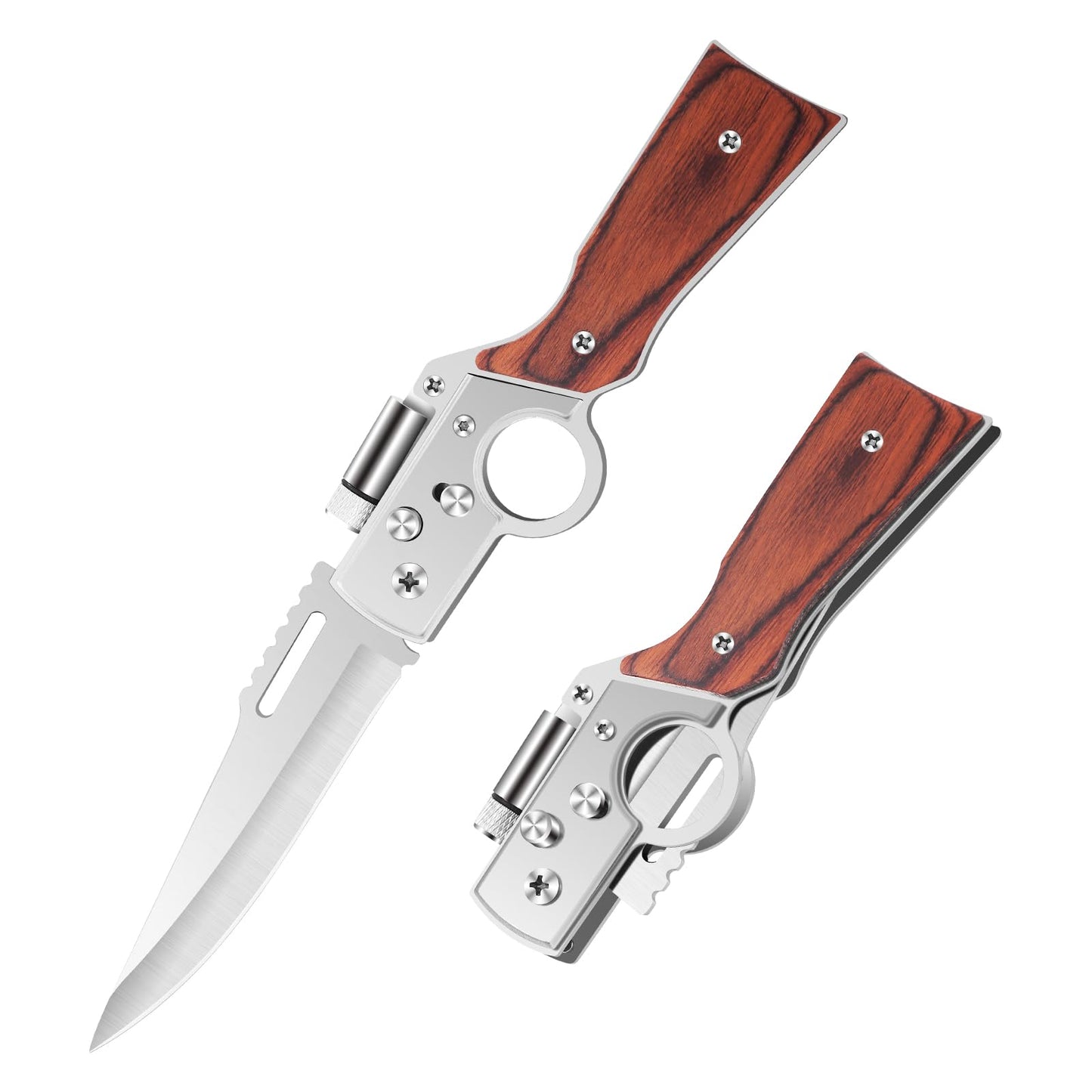 Uninuou AK47 Style Tactical Folding Knife 4-Pack – Bulk Set with LED Light, Wood Handle, Laser Engraving Ready, Groomsmen Gifts for Men, Outdoor Camping Hiking Gear (4)