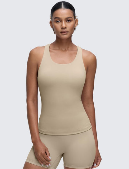 CRZ YOGA Butterluxe Workout Racerback Tank Tops for Women - Padded Athletic Spandex Yoga Shirts with Built in Bra Oak X-Small