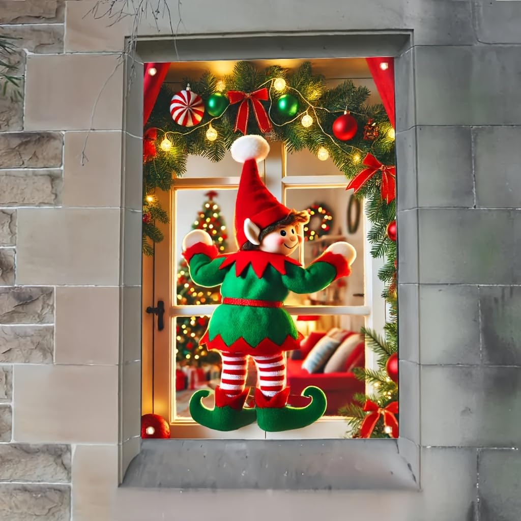 Tomhong Christmas Elf Window Banner 31x47 Inch Holiday Decoration Snowy Scene with Garland and Lights for Indoor Outdoor Home Wall or Window Display Cozy Christmas Decor