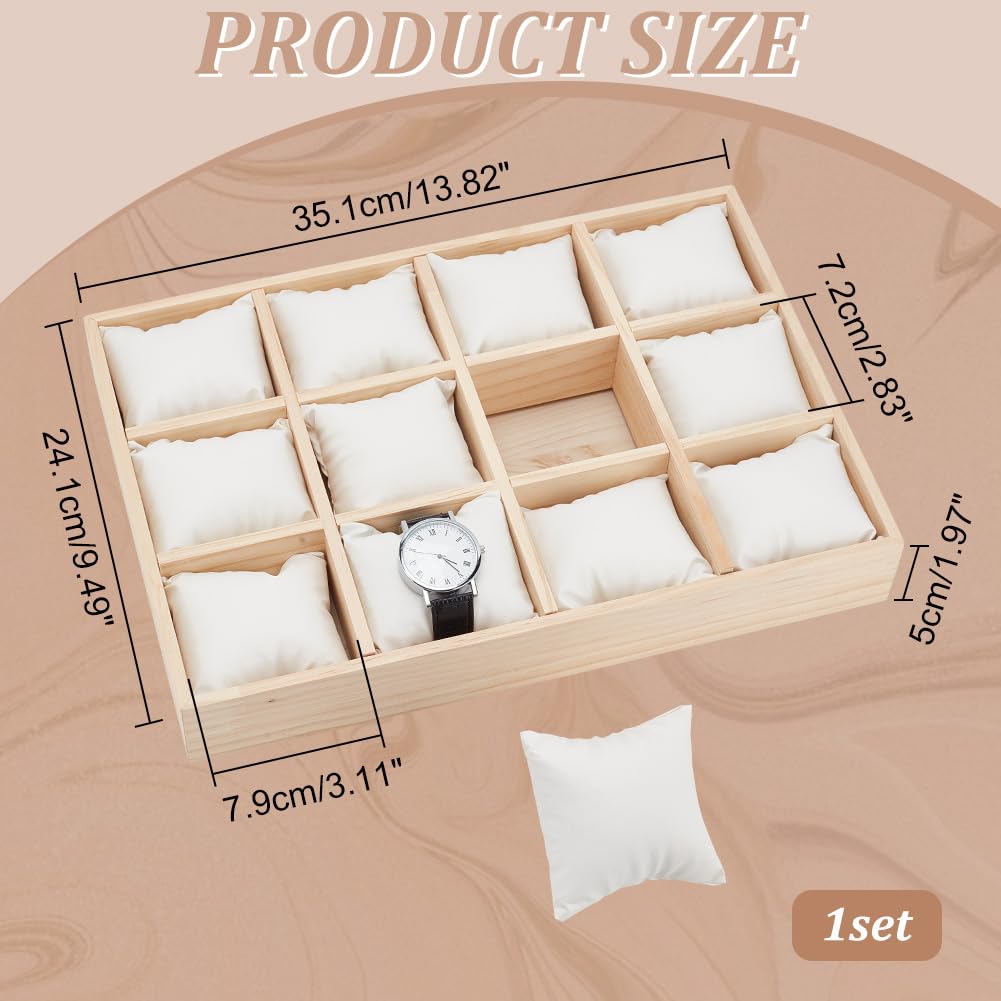 PH PandaHall 12 Slot Wooden Watch Organizer Tray Display Holder with Removable PU Leather Pillows, Stackable Jewelry Bracelet Storage Tray for Drawer Watch Display Showcase, White