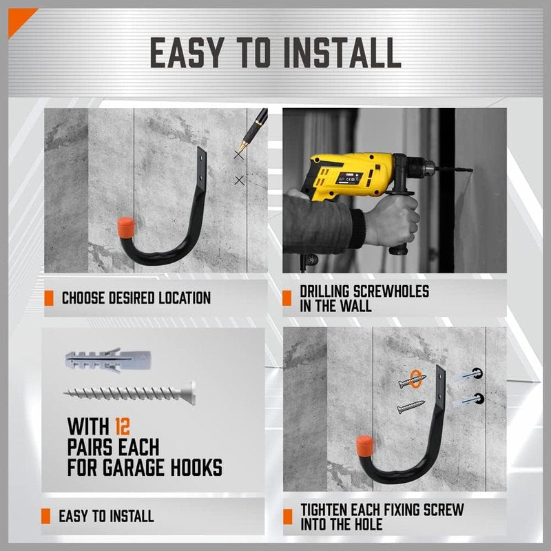Heavy Duty Metal Wall Hooks - 6-Pack Large Garage Storage & Organization Hooks for Tools, Ladders, Bags | Wall Mount J Hooks, Black