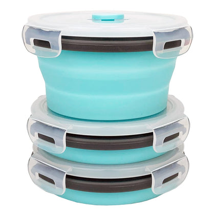 CCyanzi 3piece Round Collapsible Bowl with Lids, Silicone Food Storage Containers, Microwave & Freezer Safe, Space Saving for Kitchen Cabinet and Camping Backpack,(Pink)