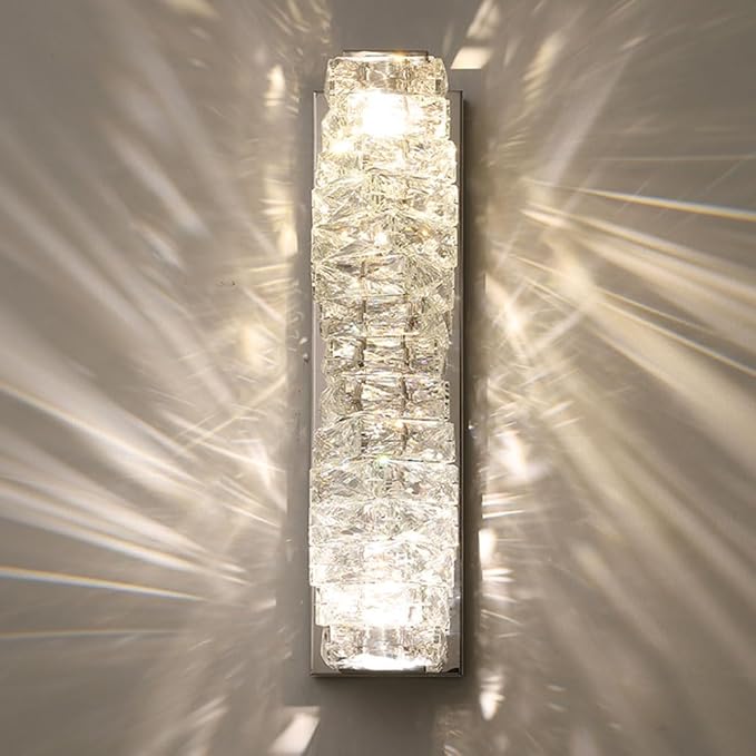 LED Crystal Wall Sconce Silver Crystal Bathroom Vanity Light Fixtures with 3 Color Temperature, Indoor Dimmable Wall Mount Light for Bedroom Living Room,Set of 2