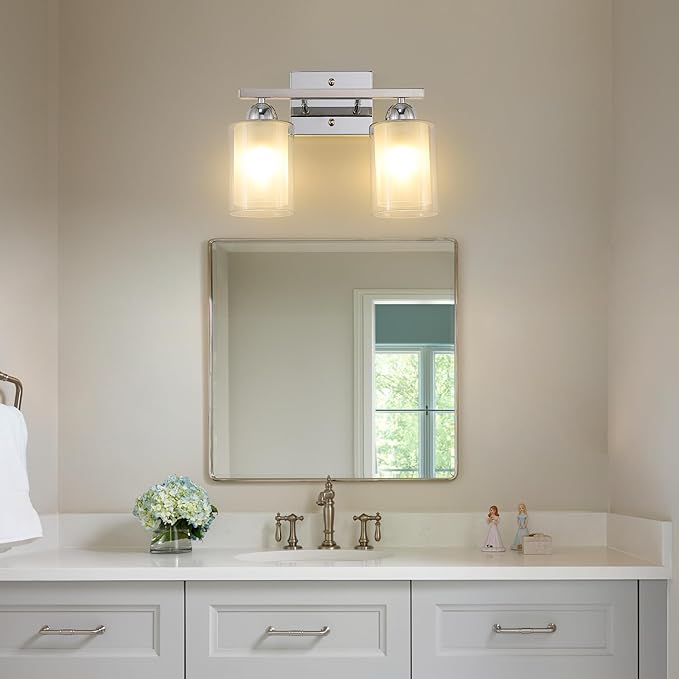 Stainless Steel Bathroom Vanity Light Over Mirror, 2 Light Polished Chrome Bathroom Light Fixtures with Milk Glass and Clear Glass Shades, Modern Vanity Lighting Wall Mount