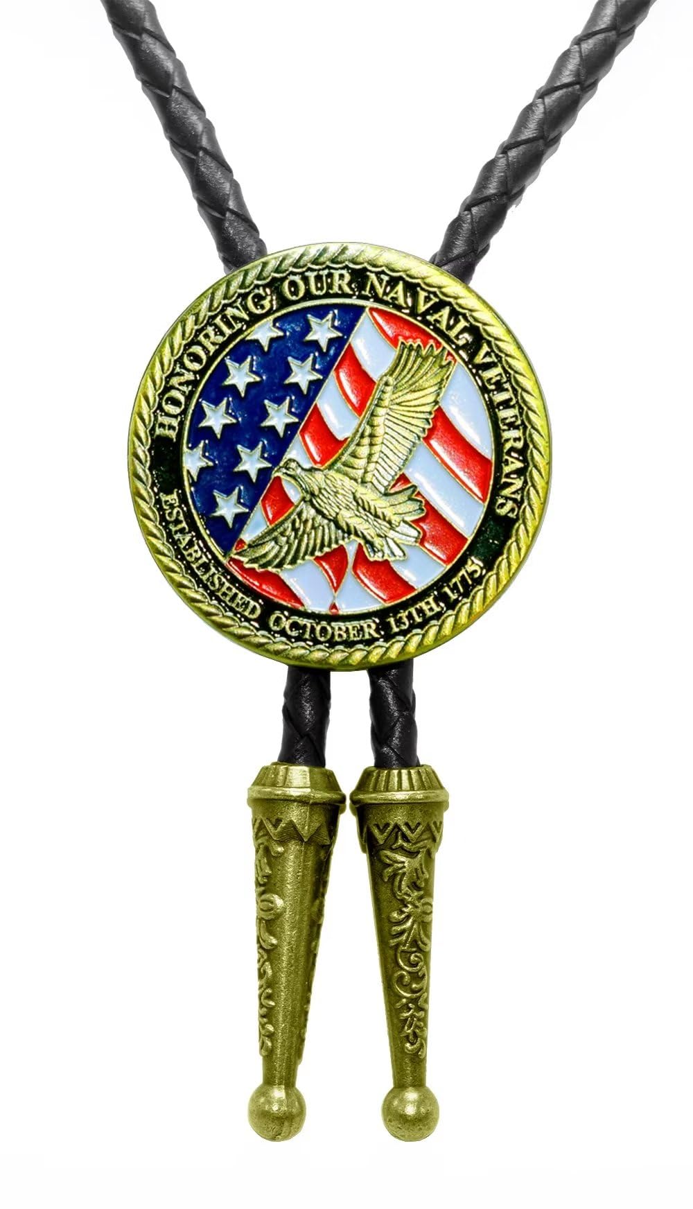Moranse Bolo Tie with Fluttering American Flag Patriot Style Genuine and Cowhide Rope