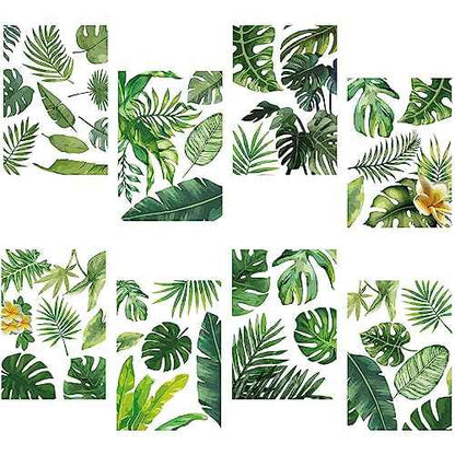 CRASPIRE 8 Sheets Green Leaf Window Stickers Tropical Leaves PVC Waterproof Self Adhesive Summer Wall Decals Natural Palm Plant Rectangle Removable for Stairway Home Decoration TV Wall Art